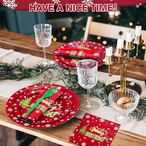 Havawish 96 Pcs Merry Birthday Tableware, Xmas Birthday Plates and Napkins | Red Christmas Decoration with Disposable Plates, Napkins, Forks, Merry Birthday Decoration, Holiday, New Year Party Supplies thumbnail 7