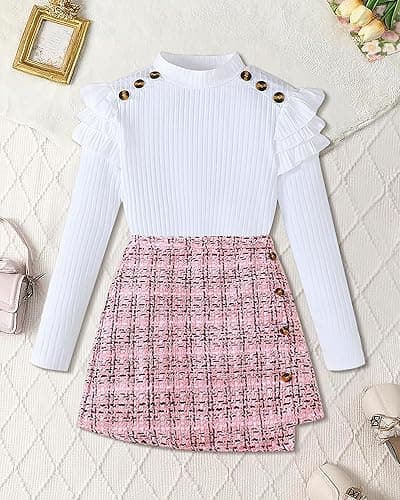 Coaturi Girl Fall Clothes Sets: 2 Piece Fall Winter Outfit Long Sleeve Ruffle Top Mini Plaid Skirt for Tween Girl 8-12 Years thumbnail 2