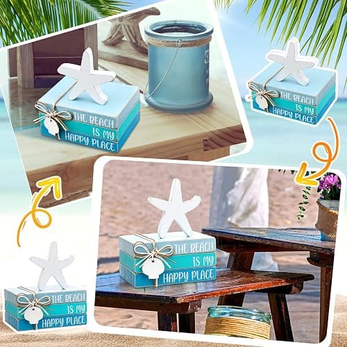 Pinkunn 4 Pcs Beach Tiered Tray Decor Table Centerpiece for Summer Starfish Coastal Rustic Wooden Block Blue and White Beach Nautical Decor Decorative Signs & Plaques for Home Shelf Mantel thumbnail 7