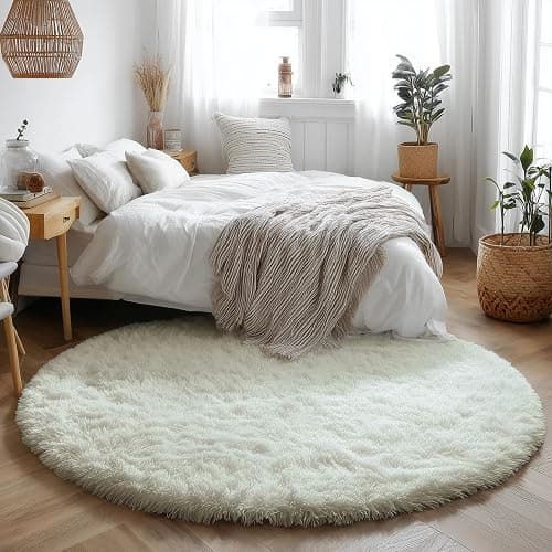 Amdrebio Ivory White Round Rug 4Ft for Kids Bedroom Aesthetic, Fluffy Fuzzy Furry Circle Area Rugs for Living Room Decor, Circular Plush Soft Shaggy Cream Carpet for Baby Nursery Dorm Teen Girls Boys thumbnail 7