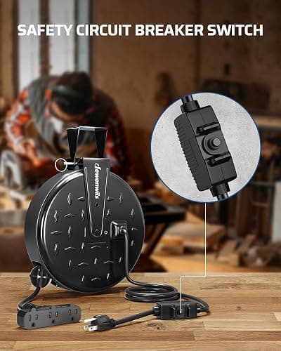 DEWENWILS 30 Ft Retractable Extension Cord Reel, Ceiling/Wall Mount 16/3 Gauge SJTW Power Cord with 3 Electrical Outlets Pigtail for Garage and Shop, 10 Amp Circuit Breaker, Metal Plate, UL Listed thumbnail 7