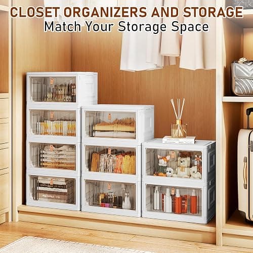 4 Tier Storage Bins with Lids, 23QT Stackable Closet Organizers and Storage with Wheels, Collapsible Storage Boxes, Foldable Plastic Storage Containers for Home,Office, Dorm Room-White thumbnail 5