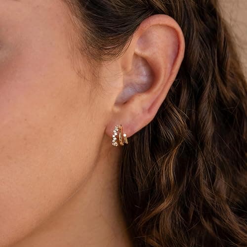 BLUEELM Gold Stud Earrings for Women, Dainty Triple Huggie Earrings 14K Gold Plated Small Hoop Earrings for Women Trendy Cute Hypoallergenic Stud Earrings Unique Double Hoops Waterproof Gold Jewelry thumbnail 4