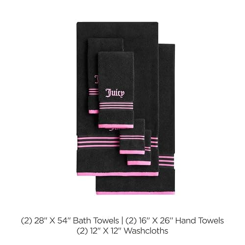 Juicy Couture Black/Hot Pink Border Bath Towels 6-Piece 100% Cotton Bath Towel Set thumbnail 3