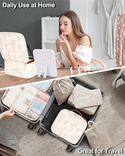 Relavel Travel Makeup Bag With LED Mirror, Portable Cosmetic Organizer Bag with Adjustable Brightness in 3 Color Scenarios, Small Train Case with Detachable Dividers for Trip- Lily Flower thumbnail 7