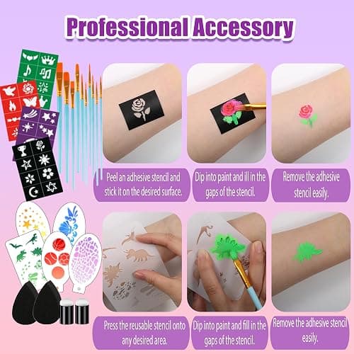 Face Painting Kit for kids, 52 Colors Professional Face Paint Makeup Kit Non-Toxic Water Activated Facepaint Palette, glitter gel, brushes, sponges, stencils for party Halloween School Event Festivals thumbnail 5