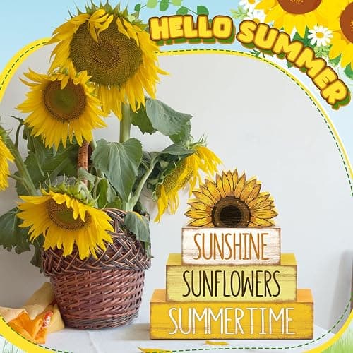 Burbell 4 Pcs Sunflower Table Decorations Wooden Tiered Tray Table Decor | Rustic Wood Blocks for Tiered Tray, Farmhouse Sunflower Decorations for Home Office, Smooth Polished Finish thumbnail 5