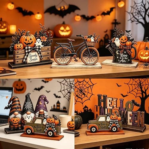 Halloween Decor Indoor, Halloween Table Decorations Indoor for Home | 6 Pcs Halloween Pumpkin Gnome Ghost Decorations Farmhouse Wooden Halloween Party Centerpiece Signs Decor for Kitchen Office thumbnail 5