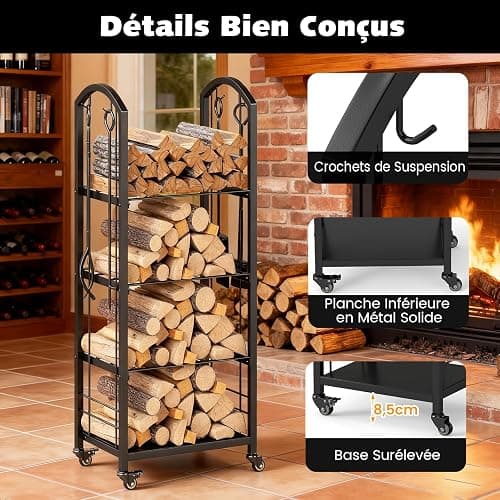 GYMAX Range-Bûches à Roulettes à 4 Niveaux pour Intérieur Extérieur, Porte-bûches avec 4 Outils, Support à Bois de Chauffage en Métal, Organisateur de Bois de Cheminée, Chaque Étagège Charge 60kg thumbnail 6