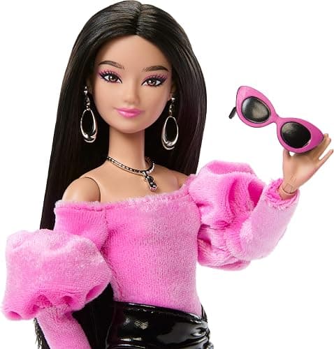 Barbie Deluxe Style Doll #13 in Pink Barbiecore Velveteen Top with Puffed Sleeves, Black Vinyl Mini Skirt, Black Hair, Pink Purse and Sunglasses​​ thumbnail 3