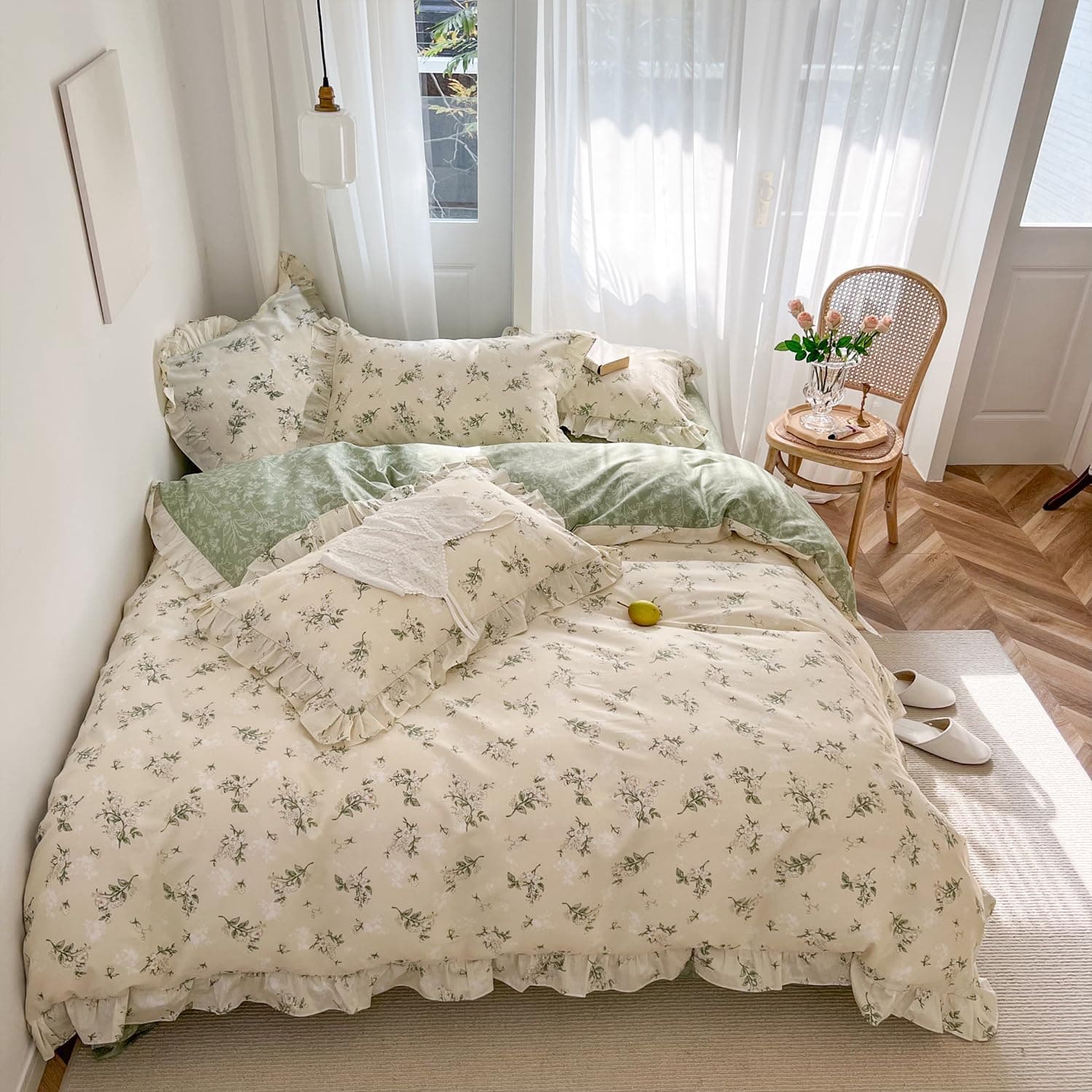 mixinni Reversible Green Floral Duvet Cover Set Full Size - 100% Cotton Botanical Bedding Set with Ruffle Lace, 3PCs Beige Soft Aesthetic Cottagecore Style Duvet Cover for Girls thumbnail 3