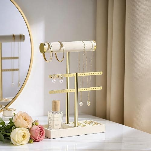 Josmimic Schmuck Organizer mit 2 Ebenen - Schmuckständer Armbänder, Beige Abnehmbarer T-Steg Schmuck Ständer, Samt-Armbandhalter, Schmuckhalter für Armband, Halskette, Uhren, Ringe thumbnail 6