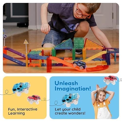 PicassoTiles Magnetic Tiles Race Track Car Thrilling Toy Playset Includes 2 Racing Trucks STEM Educational Magnet Tile Building Block Construction Set for Toddlers Boys Girls Ages 3 and Older PTR30 thumbnail 3