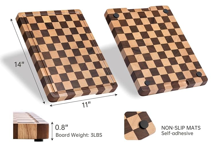 THETCHRY Cutting Boards for Kitchen, Checkered Cutting Board End Grain, Acacia Wooden Chopping Board with Juice Groove & Handle, Serving Tray for Meat, Bread & Fruit, 14"L x 11"W x 0.8"Th thumbnail 3