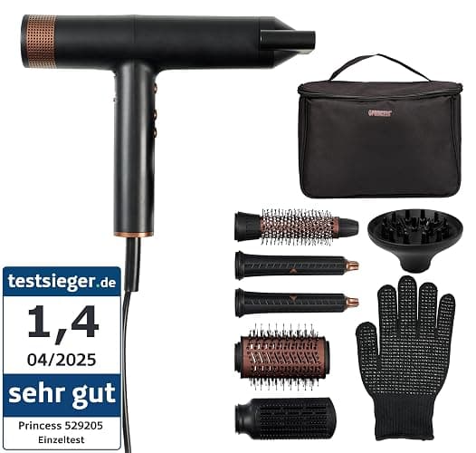 Princess Airstyler Pro, 7-in-1 Stylingtool, 3 Heiz- & Geschwindigkeitsstufen, Ionenfunktion, Coolshot, 1,8m Kabel, Reisetasche, 7 Aufsätze, Hitzeschutzhandschuh, BLDC-Motor, 2000 W, 01.529205.01.001 - Image 1