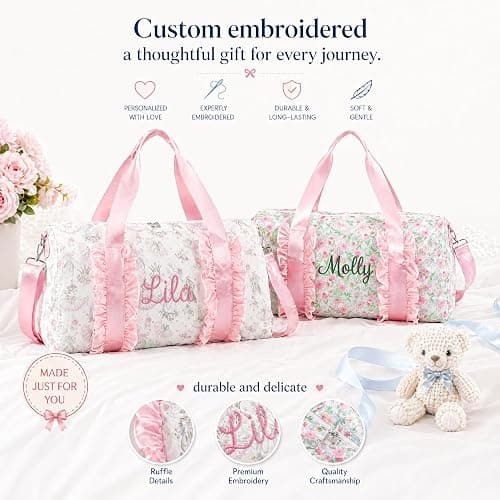 Personalized Custom Embroidered Ruffle Duffle Bag for Teen Girls | Custom name embroidery, cute ruffle trim, large duffle bag for sleepovers, school, trips. Lightweight 0.8lb, water-resistant thumbnail 5