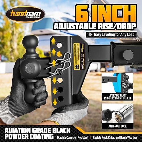 HANDNAM Drop Hitch Adjustable Trailer Hitch, Tow Hitch with 6-Inch Drop/Rise for Truck (16,500 LBS GTW), Adjustable Drop Hitch Fits 2-Inch Receiver, Trailer Hitches with Double Anti-Theft Pins Locks thumbnail 4