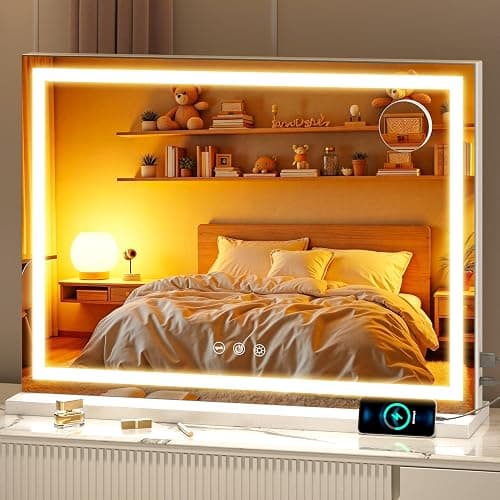 Batuso Vanity Mirror with Lights, 28" x 20" LED Makeup Mirror with 10X Magnification, Dimmable 3 Modes, Memory Function, Smart Touch, USB Charging Port, Lighted Makeup Mirror Square White - Image 1