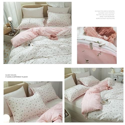 Girl Duvet Cover Twin Pink White Flower Print Bedding Sets Garden Style Floral Comforter Cotton Aesthetic Cover Chic Floral Bedroom Collection 1 Duvet Cover with 2 Pillowcases thumbnail 6