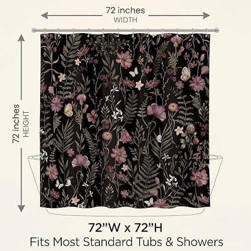 Lindameler Moody Black Botanical Shower Curtain Vintage Floral Bathroom Curtain Dark Wildflower Modern Bathroom Decor (Black, 72 X 72 INCH) thumbnail 2