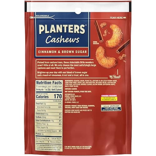 PLANTERS Cashews Cinnamon & Brown Sugar - Trail Mix Snack Pack - Snacks with Cinnamon & Brown Sugar, Snack Pack, Party Trail Mix, 5 Oz Bag thumbnail 2