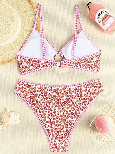 Tainehs Women's Two Piece Bikini Sets O Ring Front Top Ditsy Floral Triangle Swimsuits Cheeky Bathing Suit thumbnail 5