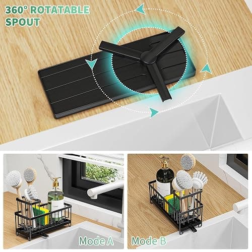 Cisily Sponge Holder for Kitchen Sink, Sink Caddy with High Brush Holder, Kitchen Sink Organizer Countertop Rustproof 304 Stainless Steel , Soap Dispenser Kitchen Organizers and Storage Essentials - Black thumbnail 2
