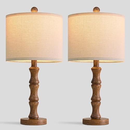 BOBOMOMO 20.5" Rustic Table Lamps Set of 2, Farmhouse Nightstand Lamp with Wood Grain Resin Base & Linen Shade, Small Bedside Lamp for Bedroom, Living Room & Apartment Décor- Ideal for Small Spaces thumbnail 8