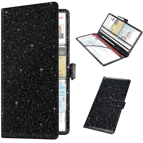 RSAquar Car Registration and Insurance Holder, Vehicle Glove Box Organizer Cool Car Accessories, Auto Truck Document Holder for Cards, Driver License, Black Glitter - Image 1
