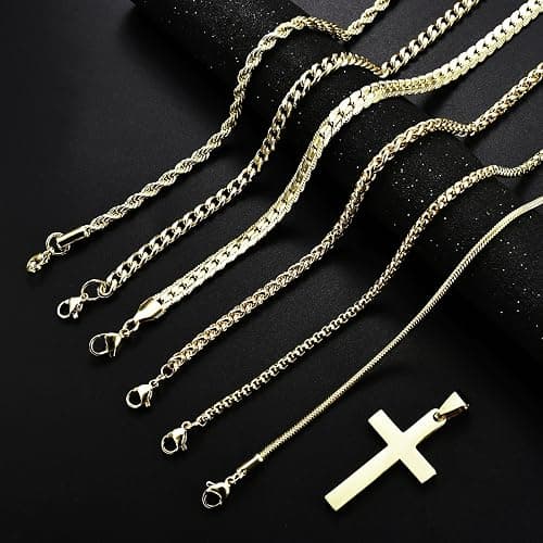 CLASICOMIS 7 Pcs Mens Stainless Steel 18K Gold Plated Chain Necklace Jewelry Set for Men, 6 Chains and 1 Cross Pendant thumbnail 6