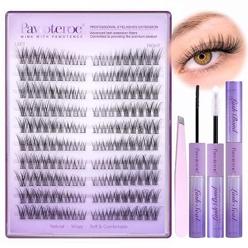 Pawotence Wispy Lash Clusters Kit Cat Eye Lash Extension Kit 180pcs Natural Individual Lashes Left Right Cluster Eyelash Extensions Kit with Lash Bond and Seal, Lash Tweezers for Self Application - Image 1