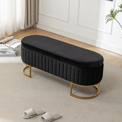 DRKAT Storage Bench Bedroom Bench, Velvet Oval Upholstered End of Bed Bench with Golden Metal Legs, 46” Modern Storage Ottoman Bench for Bedroom, Living Room, Entryway, Window, Black - Black - No button tufted - Image 1