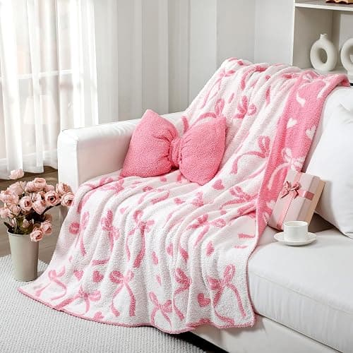 Hillsuren Valentine's Day Pink Bow Throw Blanket and Pillow Set Include Coquette Blanket 50 x 60 Inch and Pink Bow Plush Throw Pillows Cushion for Girls Women Gift Couch Sofa Bed Nursery Preppy Room thumbnail 7
