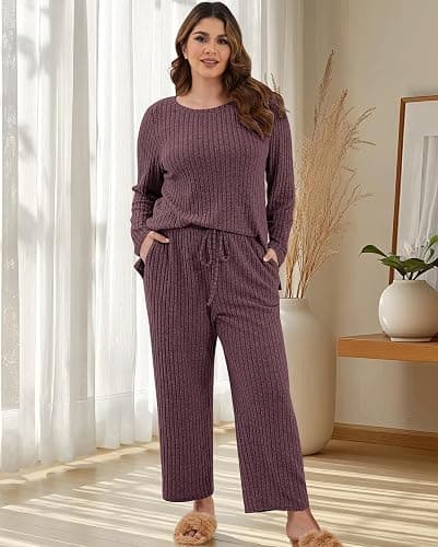 ZHUHOUSE Womens Plus Size Lounge Pajamas 2 Piece Pj Sets Soft Long Sleeve Ribbed Tops Wide Leg Pants with Pockets thumbnail 4