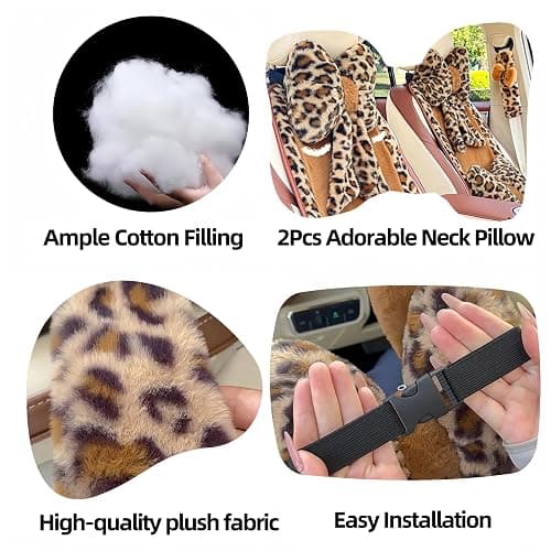 UINSUE Car Neck Pillow 2PCS Plush Bowknot Car Headrest Pillow – Comfortable Neck Support for Driving Soft Touch Fabric Car Pillow Cute Girl-Style Interior Decor (Pink Leopard) thumbnail 5