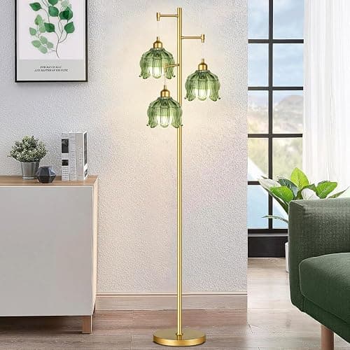 Vintage Floor Lamps for Living Room Bedroom-3 Light Glass Floor Lamp with Three Led Bulb, Flower Tall Floor Lamp Gold Mid Century Modern Standing Lamp Tree Floor Lamps for Living Room Bedroom Corner thumbnail 5