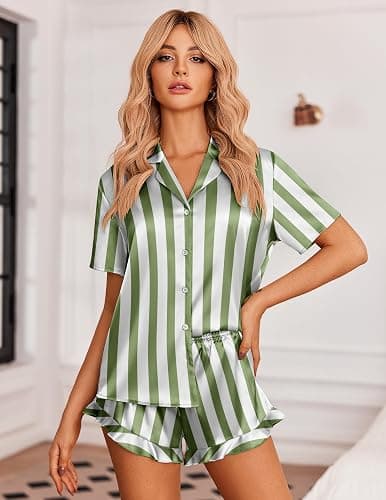 Ekouaer Womens Satin Pajamas Set Button Down 2 Piece Silk Pjs Shorts Set Ruffle Lingerie Notch Collar Sleepwear thumbnail 2