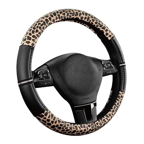 Road Comforts Leopard Steering Wheel Cover - Made with PVC Leather Cheetah Print - Anti-Slip, Universal Fit 14 1/2 inches to 15 inches - Black thumbnail 2