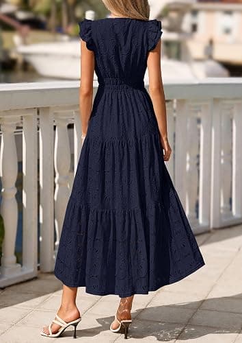 PRETTYGARDEN Women's Summer Eyelet Boho Maxi Dresses | V Neck, Elastic Waist, Cap Sleeve, Tiered Ruffle, A-Line, Floral Lace Cutout, Wedding Guest Dress, Beach Vacation Clothes thumbnail 4