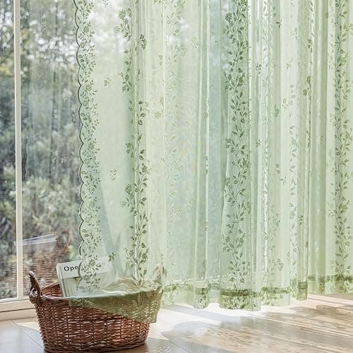 Sage Green Lace Curtains 84 Inches Long Victorian Floral Semi Sheer Curtains for Living Room Bedroom Decor Drapes Rod Pocket Light Filtering Vintage Window Curtains 2 Panels Set for Dining Room, 55x84 thumbnail 3