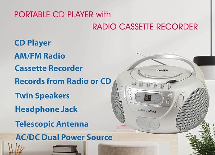 HANNLOMAX HX-337CD Portable CD Player, AM/FM Radio, Cassette Recorder, Records from CD or Radio, Headphone Jack, AC/DC Dual Power Source. (Silver) thumbnail 2