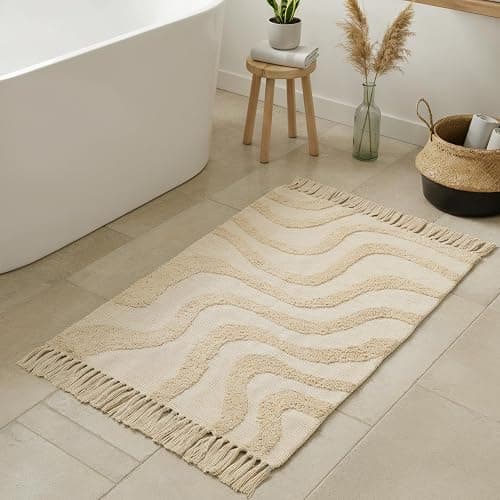 Beautiful Boho Rug with Tassels for Your Bathroom - Soft 2 x 3 ft. Cotton Rug Fits Perfectly Into Your Bath - Washable, Cream Colored Non-Slip Mat Ideal to Enhance Any Modern Home Decor, 24 x 36 inch - Image 1