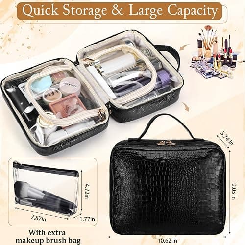 ZQQZAN Travel Makeup Bag - Large Capacity Cosmetic Bag with Makeup Brush Bag, Leather Makeup Travel Case Open Flat Makeup Case, Cute Makeup Organizer Bag for Women Girls, Black - Image 1
