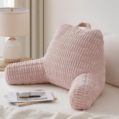 Blissful Diary Reading Pillow, Backrest Pillow with Shredded Memory Foam for Adult & Children, Designed for Bed and Couch Sitting Up, Includes Arms, Pockets and Washable Cover, Pale Pink - Image 1