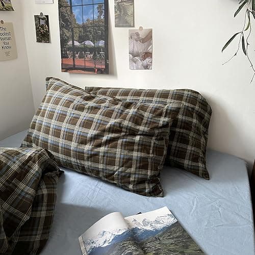 MKXI Buffalo Plaid Duvet Cover Twin XL - 3 Piece Washed Cotton Bedding Set, Blue Brown Green Vintage Aesthetic, Soft Breathable with Zipper Closure thumbnail 7