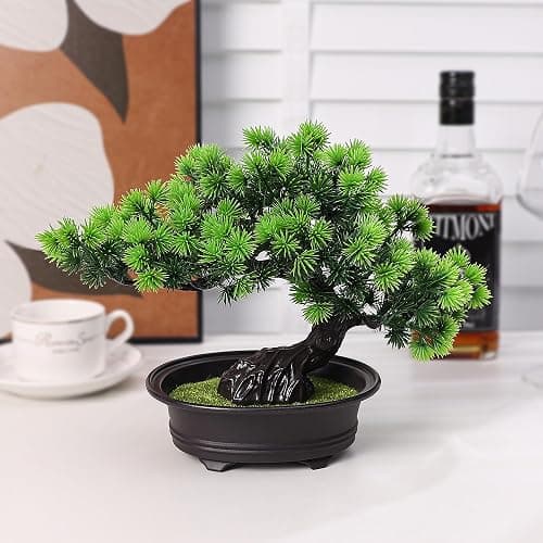 Artificial Bonsai Tree Indoor Faux Plants with Pot for Home Office Desk Shelf Decor, 9.5" Tall, Green thumbnail 9