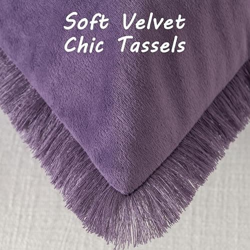 FUTEI Eggplant Purple Velvet Decorative Throw Pillow Covers 18x18 Set of 2,Soft Cozy Edge with Tassels Cushion Case,Boho Modern Home Decor for Couch Bed Living Room thumbnail 2