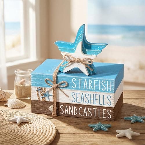 Geelin 4 Pcs Summer Beach Tiered Tray Decor Wooden Book Stack Signs, Starfish Seashell Coastal Nautical Table Centerpiece for Shelf Coffee Bar Home Kitchen Beach House Decorations thumbnail 9