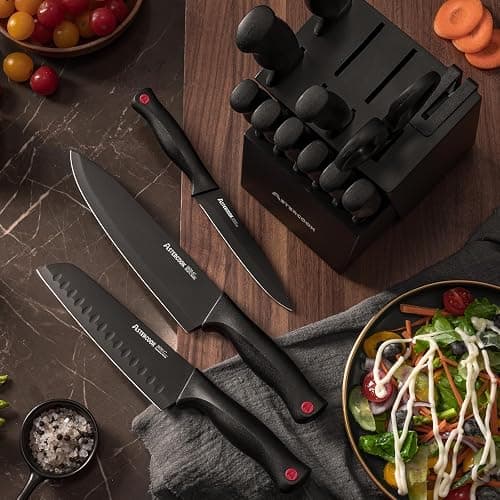 Astercook 15 Piece Knife Set with Sharpener Block - German Stainless Steel, Dishwasher Safe Kitchen Knives with Built-In Sharpener, Black thumbnail 6
