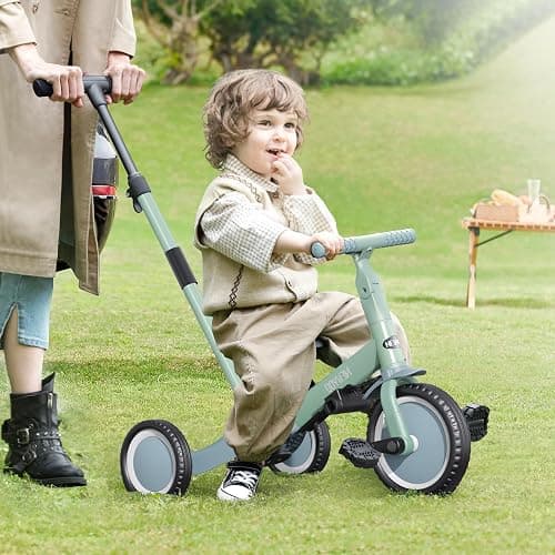 newyoo Toddler Tricycle with Push Handle for 1-3 Year Old, Toddler Bike, Birthday Gifts and Toys for Boys and Girls, 5 in 1 Kids Trike, Convert to Baby Balance Bike, Green, TR007 thumbnail 2